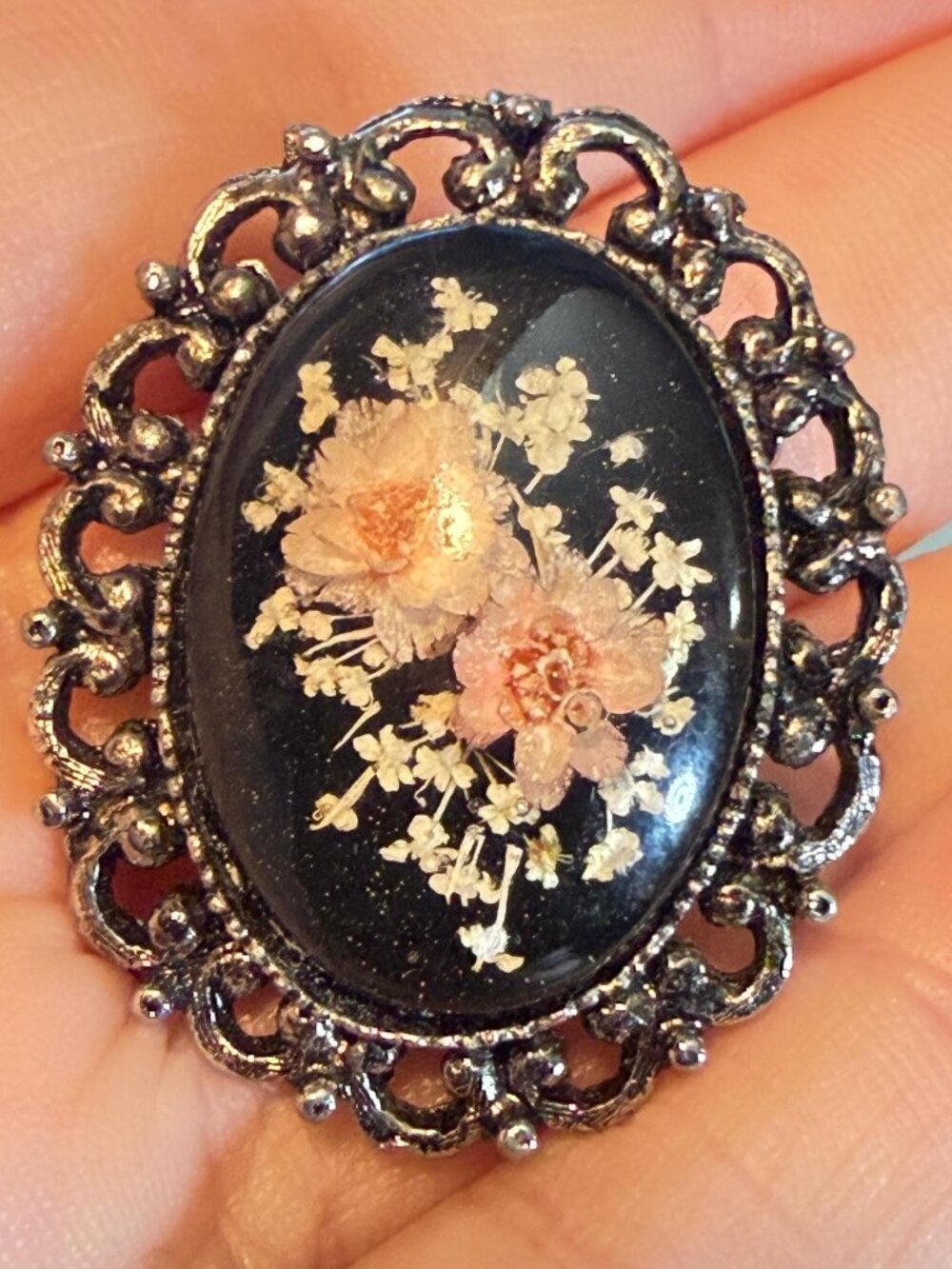 Pressed Flower Handmade Brooch Vintage Domed Black Floral